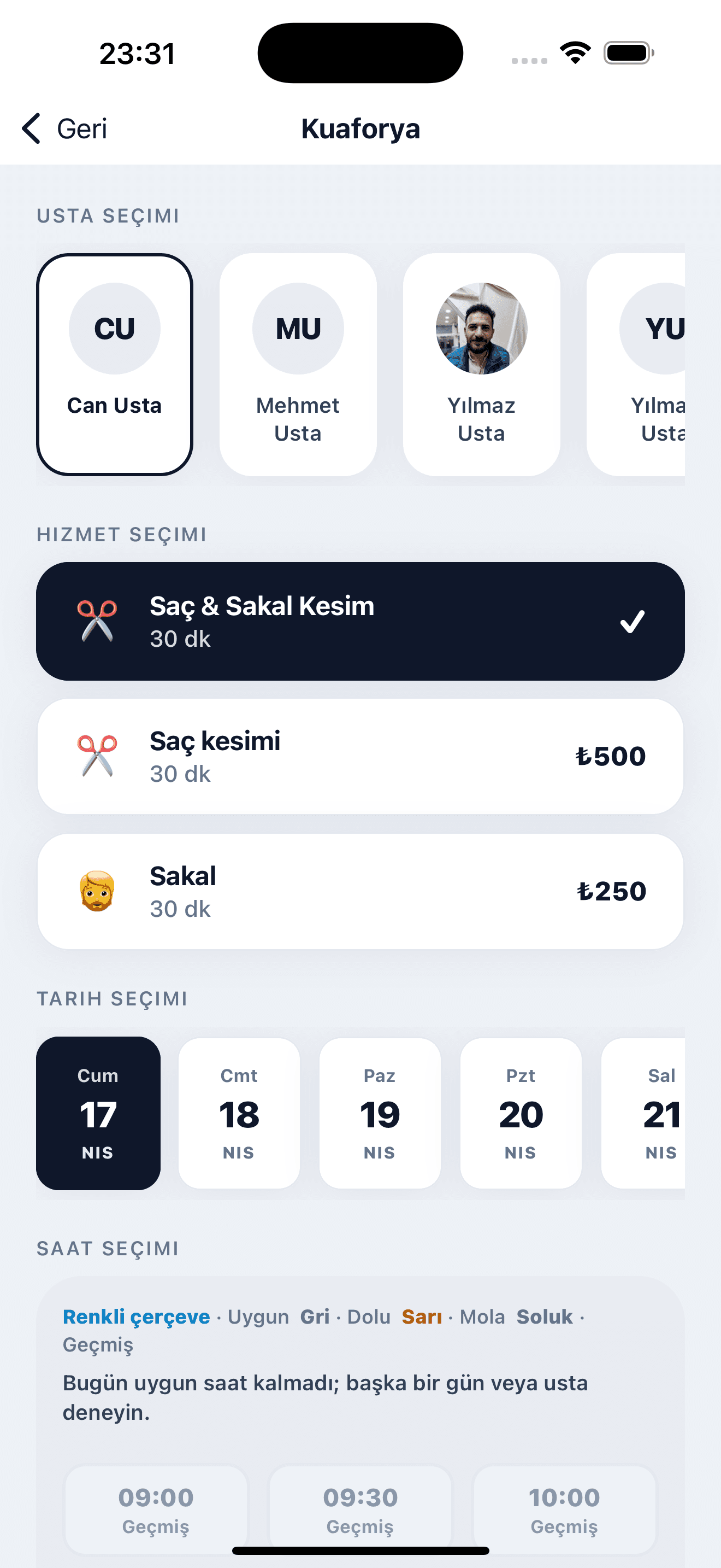 Kuaforya: usta, hizmet, tarih ve saat — birkaç dokunuşta randevu alın